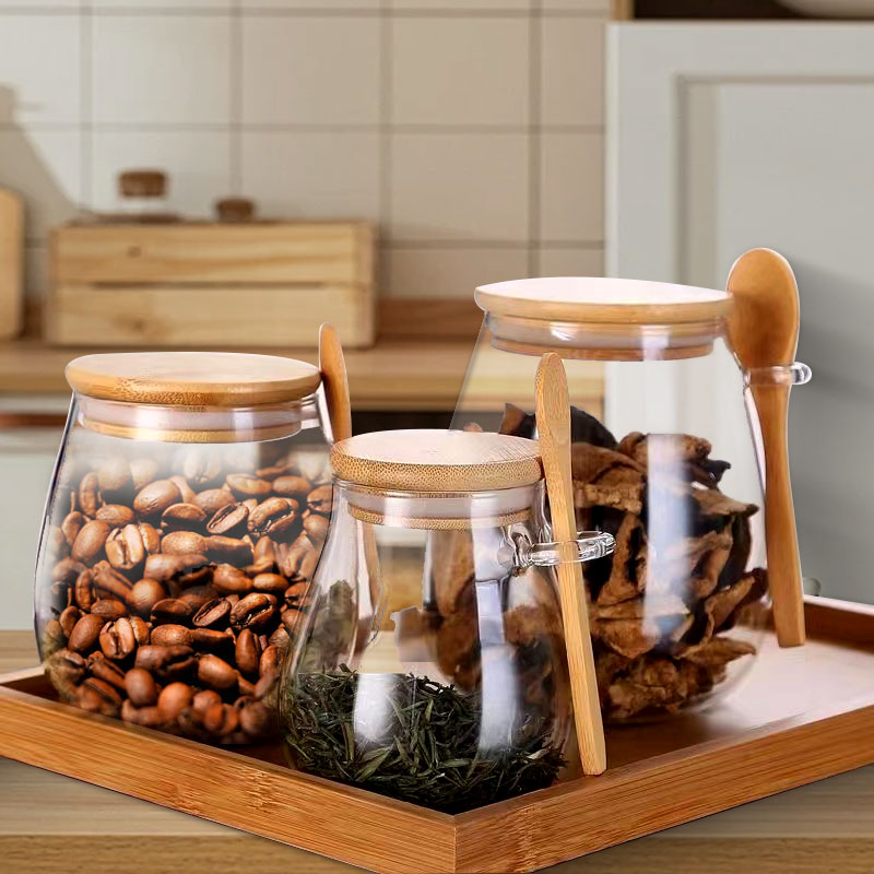 Coffee Tea Sugar Container Set - スプーンと蓋付きのガラスジャー、透明なスパイスジャー、小さな食品保存容器、砂糖、お茶、キッチン、コーヒー、34オンス