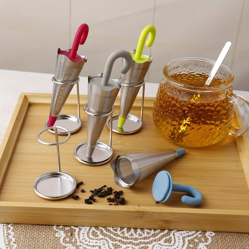 Tea Strainer Mesh - 1個入り 再利用可能な傘型茶こし、ティーカップ、マグカップ、ティーポット用のドリップトレイ付き、ステンレス製の細かいメッシュ茶こし