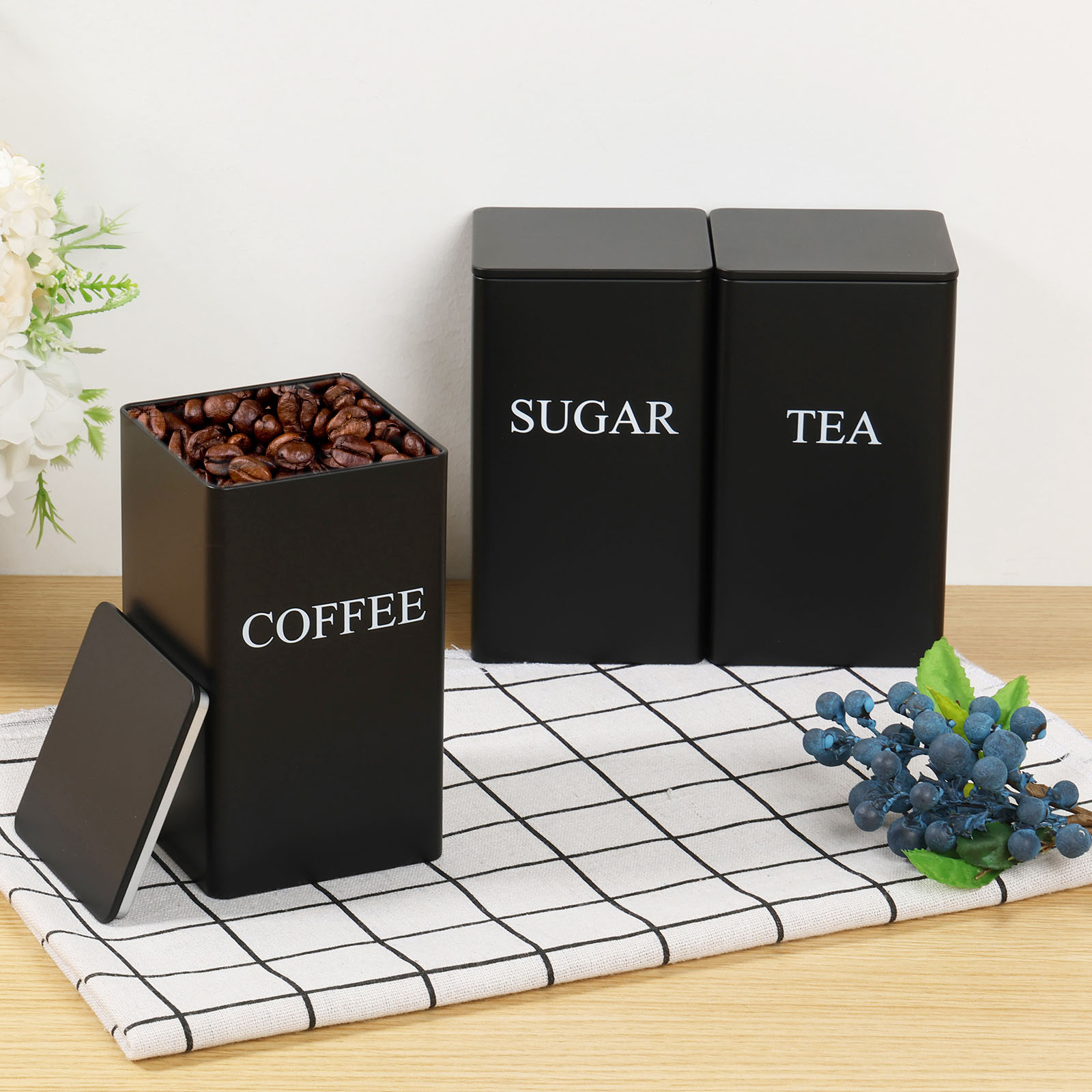 Coffee Tea Sugar Container Set - 3 個コーヒー豆保存キャニスター茶砂糖真空密封瓶鉄キャニスター熱キッチンクリーム缶気密蓋 1L