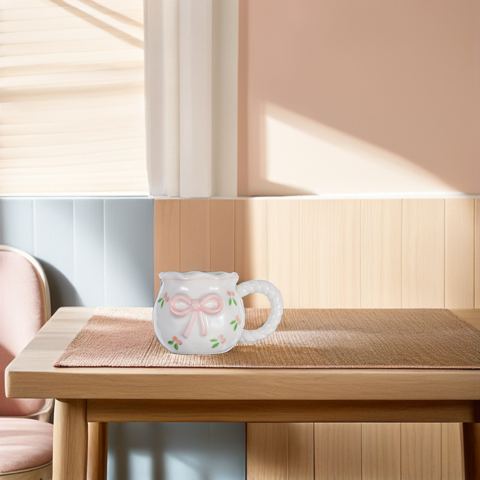 Morning Tea Coffee - 手作りのリボン結びセラミックコーヒーマグカップ 3Dアートデザイン かわいいティーカップ 家庭、オフィス、コーヒーショップ、朝のエスプレッソ、カプチーノに
