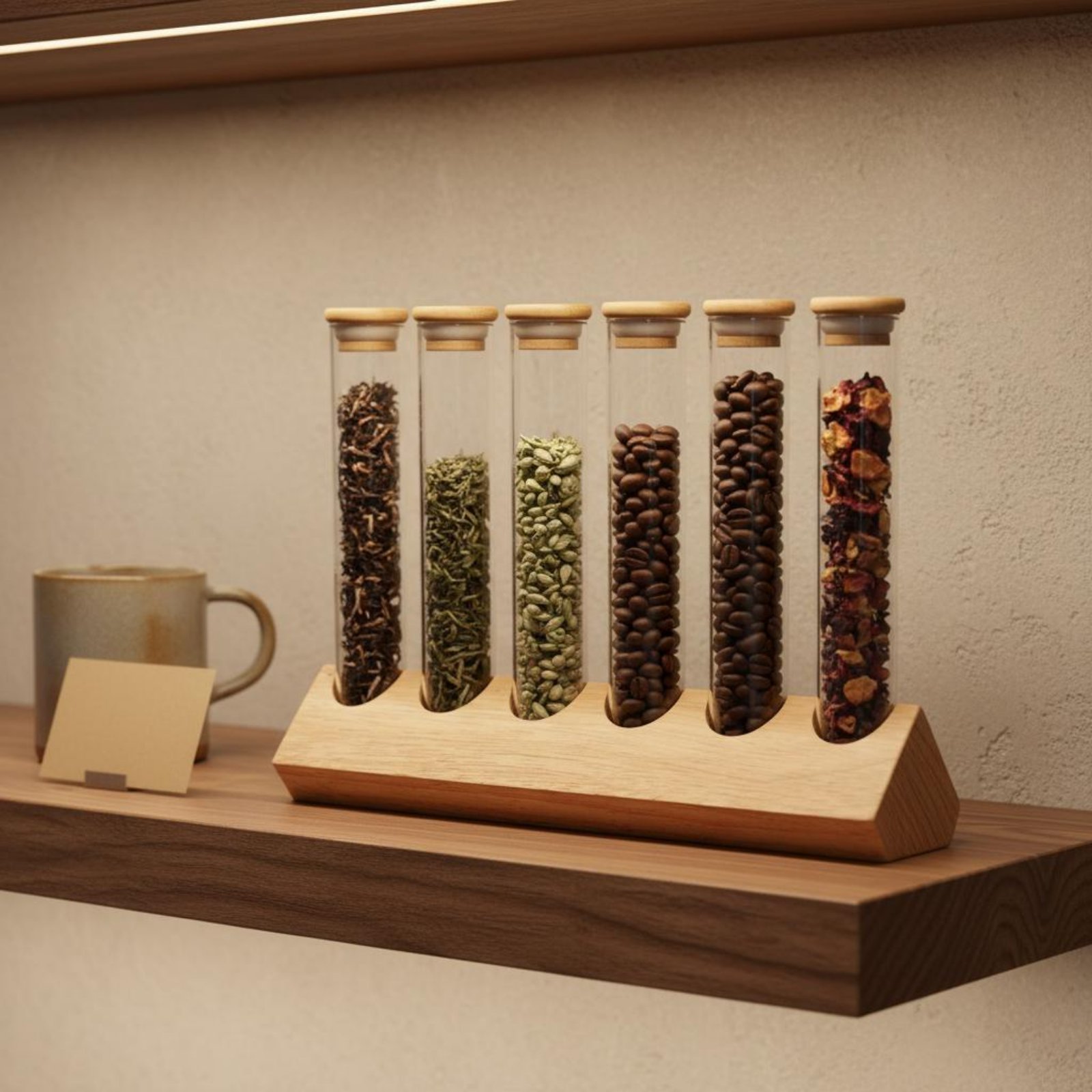 Coffee Bean - ガラス管容器セット 木製スタンド付き クリアビューデザイン ガラス管木製ラックセット コーヒー豆ディスプレイスタンド お手入れ簡単