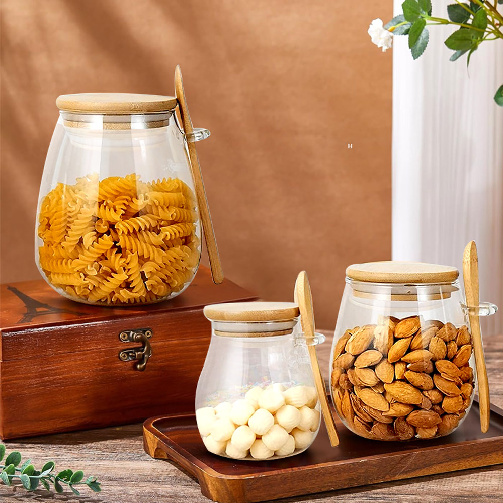 スプーンと蓋付きのガラスジャー、透明なスパイスジャー、小さな - Coffee Tea Sugar Container Set のレビューと価格