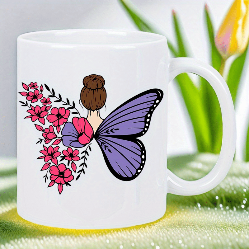 蝶と花柄のセラミック製ホワイトマグカップ - 朝のコーヒー、 - Morning Tea Coffee のレビューと価格
