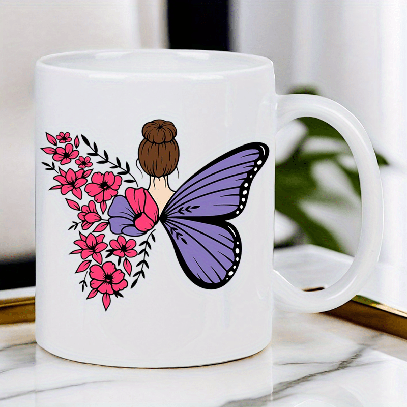 蝶と花柄のセラミック製ホワイトマグカップ - 朝のコーヒー、 - Morning Tea Coffee のレビューと価格