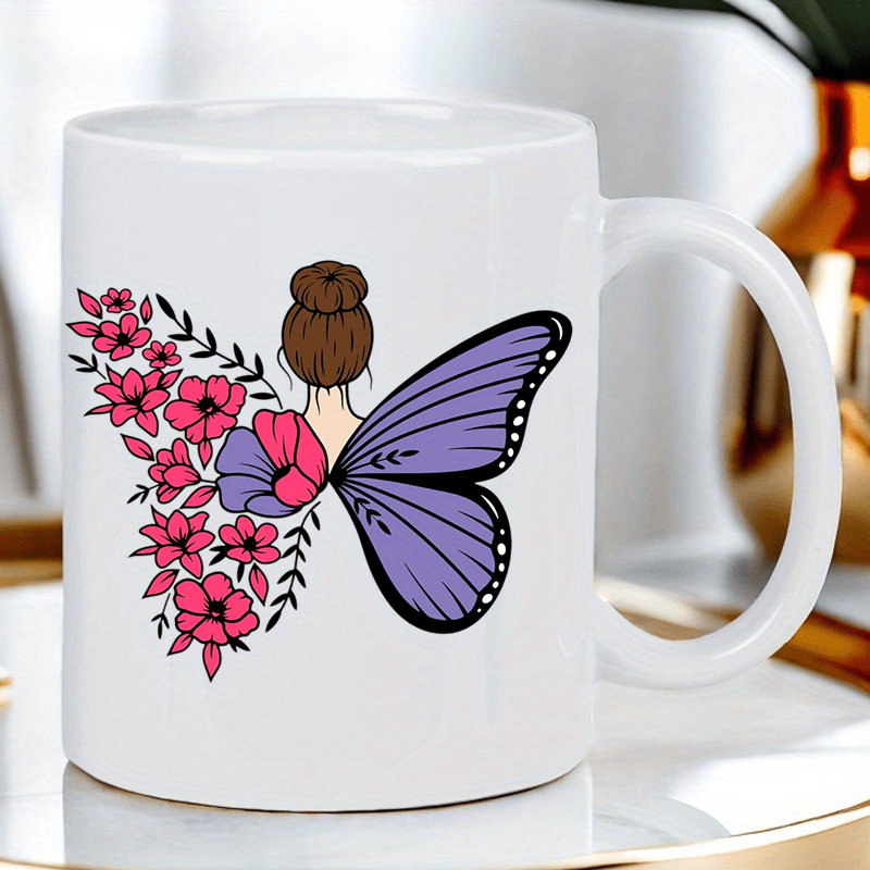 蝶と花柄のセラミック製ホワイトマグカップ - 朝のコーヒー、 - Morning Tea Coffee のレビューと価格