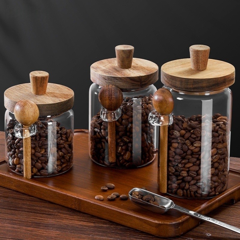 ABJIガラスジャー 木製蓋とスプーン付き 13オンス、20 - Coffee Tea Sugar Container Set のレビューと価格