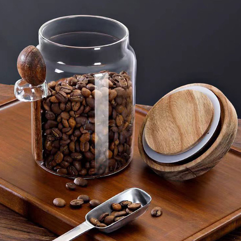 ガラス製コーヒー豆保存容器 密閉木製蓋付き 漏れ防止 キッチ - Coffee Tea Sugar のレビューと価格