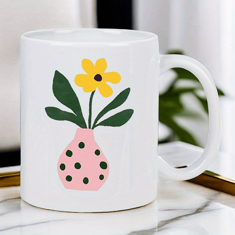 かわいいピンクの花瓶と黄色い花のデザインのセラミックマグカッ - Morning Tea Coffee のレビューと価格